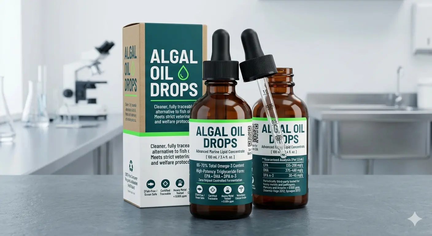 AlgaeFeed Algal Oil Drops marine lipid concentrate dropper and package showcase